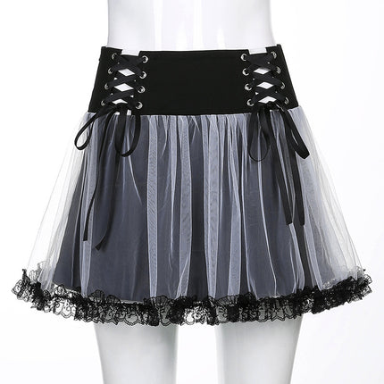 Gothic Mesh A-Line Mini Skirt with Punk Lace-Up High Waist, Sexy Large Hem, Irregular Skirt