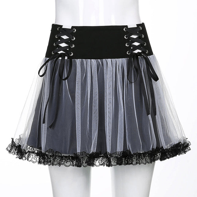 Gothic Mesh A-Line Mini Skirt with Punk Lace-Up High Waist, Sexy Large Hem, Irregular Skirt