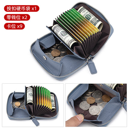 Wholesale Genuine Leather Accordion Card Holder for Women, Fashionable Large-Capacity Zipper Rfid Multi-Card Slot Card Holder