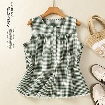 Real Shot of Summer New Green Plaid Cotton Sleeveless Round Neck Cardigan Elastic Skirt Spliced Lace Suit for Women