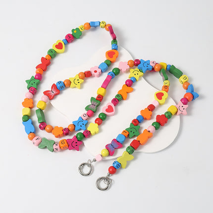 Wooden Bead Crossbody Chain DIY Phone Case Chain Crossbody Beaded Heart Plum Blossom Butterfly Smiley Face DIY Creative