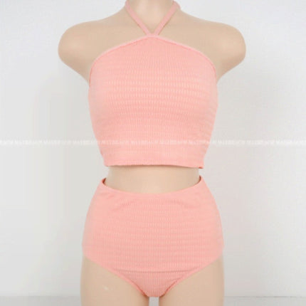 Summer New Split Swimsuit, Halterneck, Strappy Crop Top, High-Waisted Pleated Short Skirt, Three-Piece Swimsuit Set