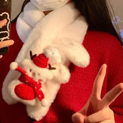Cartoon Sweet Girl Pink Cat Scarf Winter Warm Thickeneded Cute Plush Windproof Student Scarf White