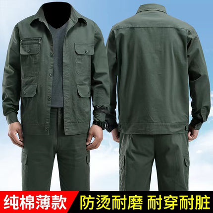 Summer Thin Work Clothes Suit for Men, Cotton-Containing Long and Short Sleeves, Breathable and Wear-Resistant Welding Work Clothes, Military Green Labor Protection Clothes