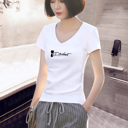 2025 New Summer White Short-Sleeved T-Shirt Women's V Neck Printed Korean Style Foreign Style Slim Shirt Simple Half-Sleeved