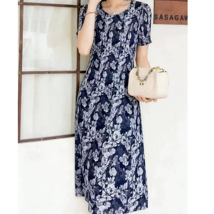 Miyake pleated 2025 summer new temperament round neck printed pleated skirt fashion waist thin magic dress