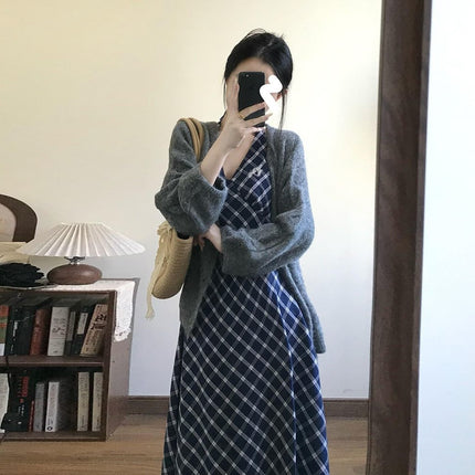 Tall 172cm Extended Version Summer French-Style Halter V-Neck Strap Dress, Elegant and Slimming Blue Plaid Long Dress