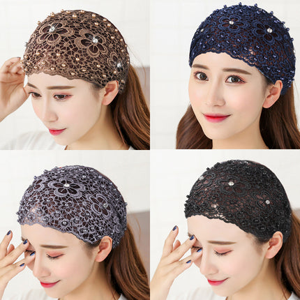 Cross-border Beaded Hair Band Women's Hollow Breathable White Hair Covering Lace Wide-brimmed Headgear Pressing Hair Tape Headband Hair Protecting