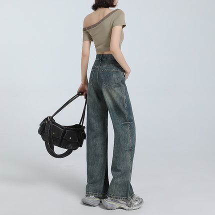 American Style Retro Old High Waist Straight Jeans Women's 2025 Spring New Loose Slim-Fit Pants