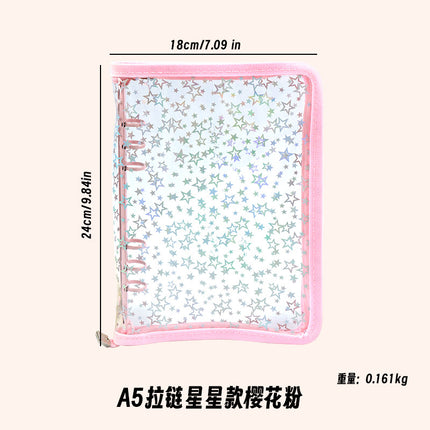 Japanese A5 Transparent Loose-leaf Black Glitter Zipper 6-hole Notebook Ins Style Star Chaser Ledger PVC Case