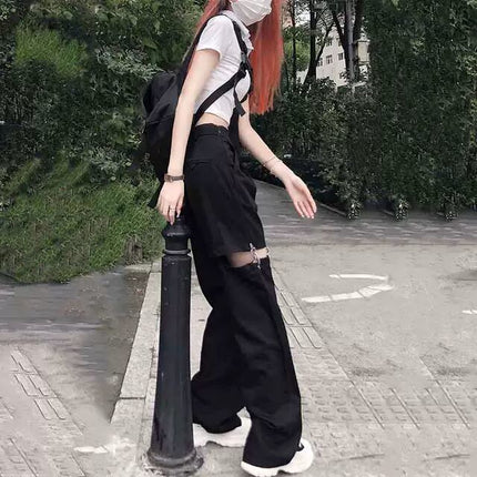 In-Stock 2025 New Dark Style Spicy Girl Workwear Rivet Hollow Casual Straight Loose Slimming Wide-Leg Pants
