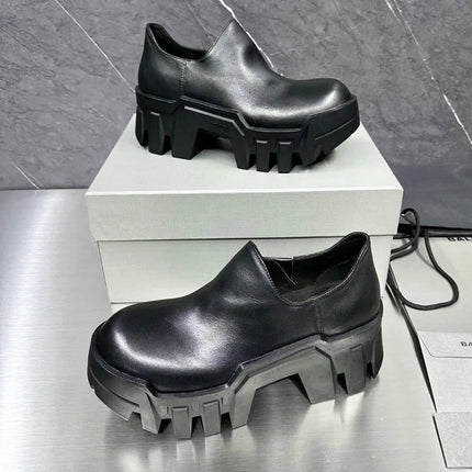 Elevated Platform Shoes Platform Bottom Cowhide Loafers ~ Spring New Style Slip-on High Heel Small Leather Big Toe Derby Shoes