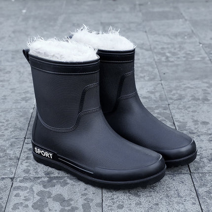 Cross-border Fashion Men's Rain Boots Mid-tube Rain Boots Non-slip Water Shoes Couple's fleece-lined Rubber Shoes Kitchen Car Wash Fishing Work Shoes