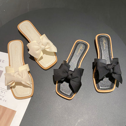 Internet Celebrity New Square Toe Fairy Style Bow Slippers for Women Summer Outer Wear Wedge Heels Fashion Versatile Flats Non-Slip Sandals