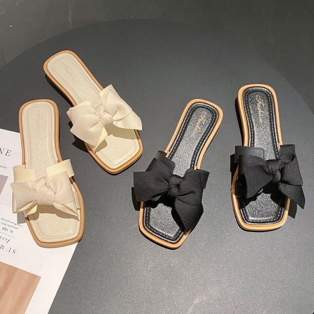 Internet Celebrity New Square Toe Fairy Style Bow Slippers for Women Summer Outer Wear Wedge Heels Fashion Versatile Flats Non-Slip Sandals