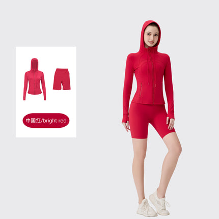 [in Stock] Ld Five-Piece Hooded Yoga Suit for Women, Fitness Yoga Set, High-Waisted, Barely-There Feel, Tight-Fitting Sportswear