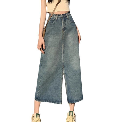 Short Hipped Denim Skirt Women's Trendy All-match Retro High Waist Slimming Split A- Line Mid-length Skirt