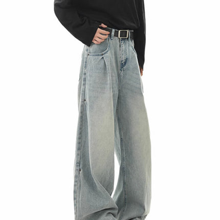 American-Style Drapey Wide-Leg Jeans for Men, Spring and Autumn Straight Loose Scimitar Pants, High Street Clean Fit Pants for Men