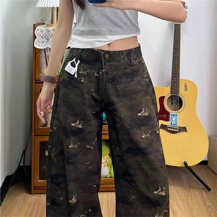 American High Street Retro Camouflage Wide-Leg Jeans for Women, Trendy High-Waisted Loose Slimming Petite Floor-Length Straight Pants