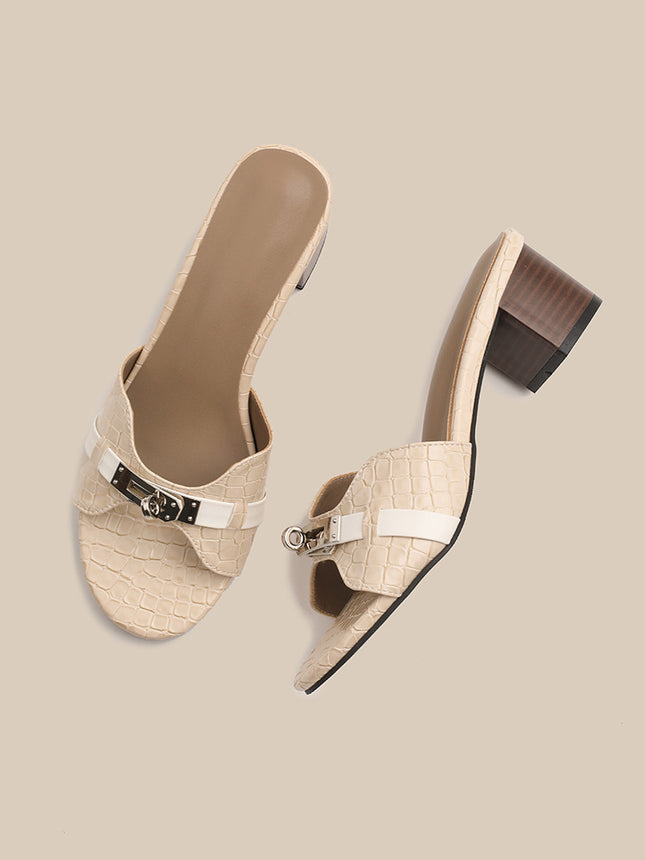 In-Stock Sheepskin Buckle Crocodile-Pattern Commuting High-Heeled Sandals for Women, Chunky Heel, Soft Sole, Light Luxury Style