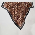 Black leopard print silk scarf with beige edges / 68X68