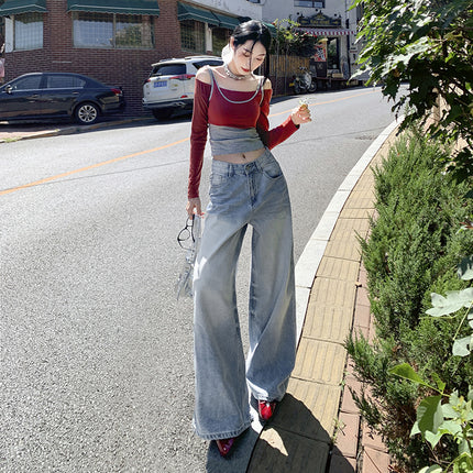 Street wash rundown wind light color scratch retro ground white wide leg jeans women 2025 new mop pants