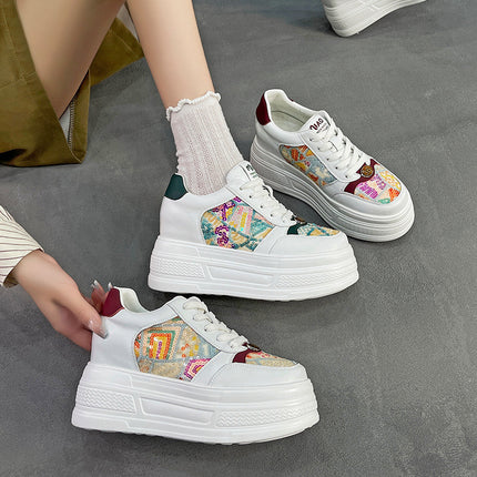 Women's White Sneakers with Hidden Height Increase, 2026 Spring New Model, 9cm Platform Sole, Breathable Sneakers, Korean Style, Genuine Leather Mesh Women's Shoes