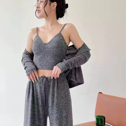 Autumn and Winter Brushed Cotton Women's Camisole Pajama Set with Chest Pads, Three-Piece Cardigan Set, Can Be Worn Outside, Ins-Style Loungewear Set