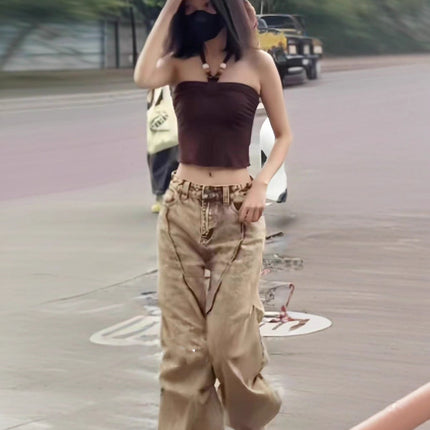 In-Stock Meng Zi Yi Style American Vintage Washed Women's Jeans 2025 Spring Hot Girl Ruched Design Floor-Length Pants