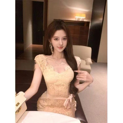 French-Style Socialite Lace Short-Sleeved Dress for Women Summer New Sexy Waist Slimming Pure Lust Hip-Hugging Short Skirt