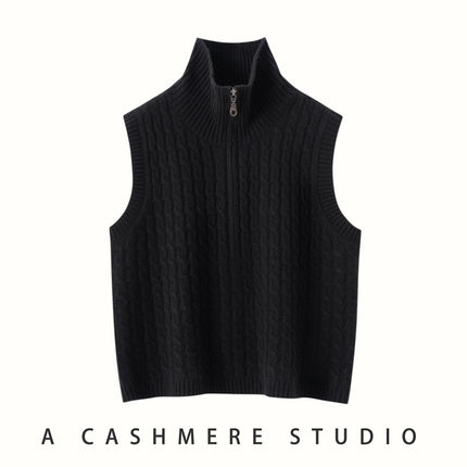 Full-Body Cable Knit Solid Color Women's Cashmere Knitted Vest Half-Open High-Neck Sleeveless Sweater Outerwear Layered Waistcoat