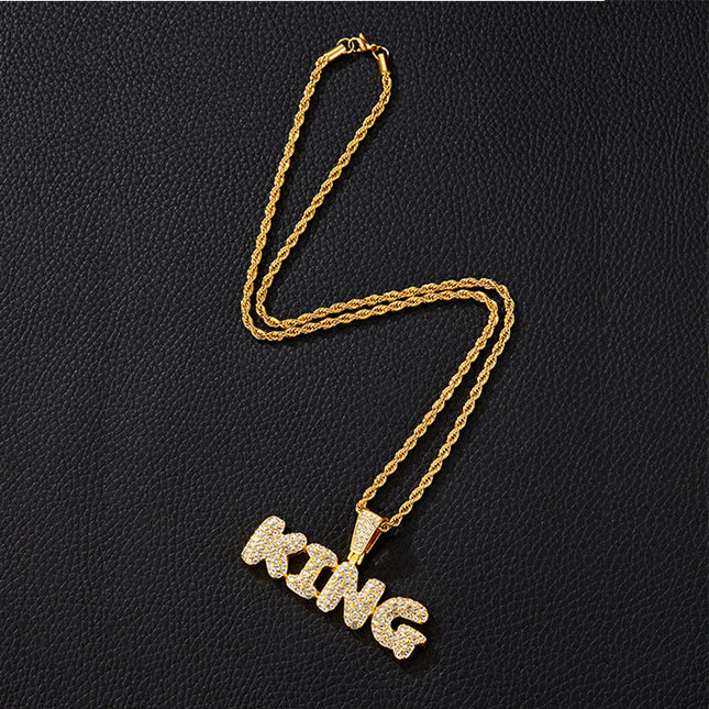 European and American Hip-Hop Versatile Men's Diamond-Studded Letter King Fashion Pendant Necklace Accessory Factory Supply Hip-Hop Style