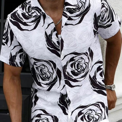 Foreign Trade Men's Men's Short-sleeved Shirt Men's Rose Printed Fashion Casual Summer 2025 New Cross-border Special