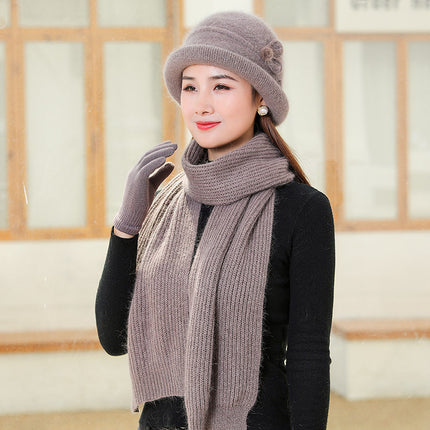 Velvet Warm Knitted Rabbit Fur Hat for Women Autumn and Winter Cold-Proof Gloves Scarf Basin Hat K-Style Trendy Middle-Aged and Elderly People