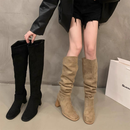 Women's Autumn Boots with Wide Calf Circumference, Square Toe, Long Slim Boots, Retro Style, Pleated Chunky Heel, High Tube Long Boots