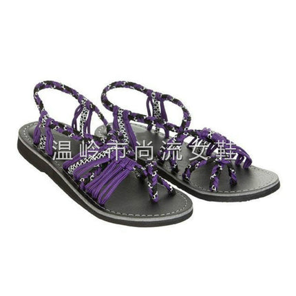 Wish Amazon 2025 Summer European and American Color Block Knot Beach Toe Foreign Trade Large Size Women's Sandals 43 Sizes