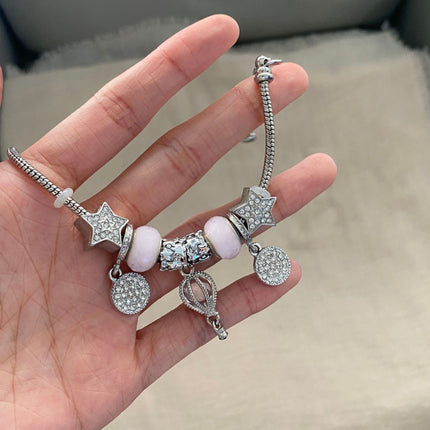 Korean Style Mori Pink Glass Bead Bracelet for Women, Niche Light Luxury Retro Hot Air Balloon Pendant DIY Bracelet