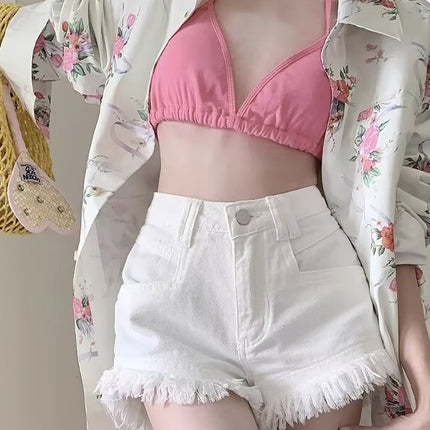 White Korean Style High Waist Fashion Fringe Hot Girl Denim Shorts 2024 Summer Rick Western Style Solid Color Hot Pants