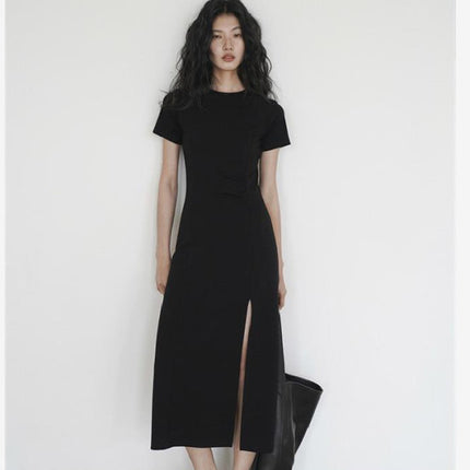 Cross-border Split Figure Figure Crewneck Short-sleeved dress Women's Summer New Waist Design Sense Slim-fit Elegant Skirt