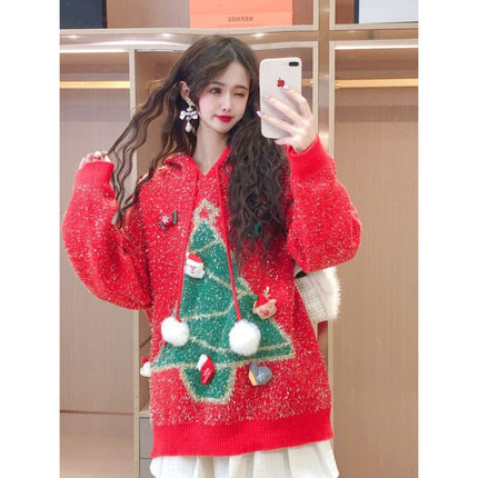 Autumn and Winter New Christmas Tree Sweater Fawn Fur Ball Bright Silk Hooded Design Loose Sweet Age-reducing Knit Sweater for Women