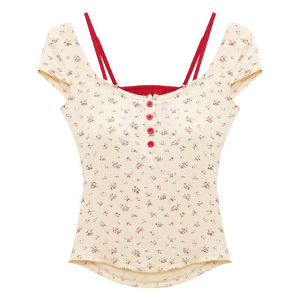 [Padded] Pure Desire Fake Two-Piece Floral Short-Sleeved T-Shirt Hot Girl Backless Slimming Short Top with Breast Pad