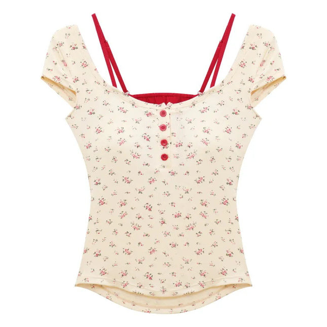 [Padded] Pure Desire Fake Two-Piece Floral Short-Sleeved T-Shirt Hot Girl Backless Slimming Short Top with Breast Pad
