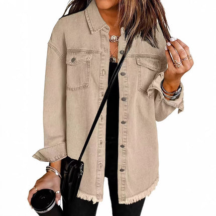 Cross-border New Washed Denim Shirt Jacket 2024 European and American Women's Autumn and Winter Distinctive Street Style Edge Hem Jacket