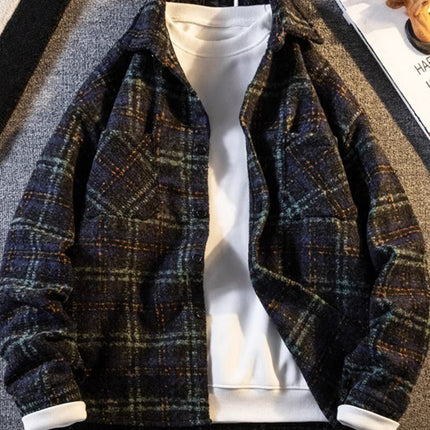 American retro plaid shirt men's spring and autumn loose casual jacket ruffian handsome coat home figure# XXF025