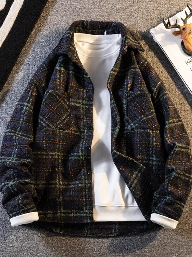 American retro plaid shirt men's spring and autumn loose casual jacket ruffian handsome coat home figure# XXF025