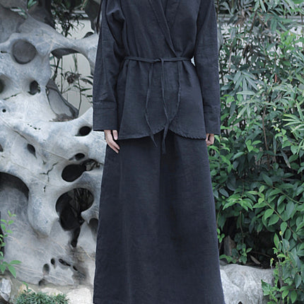 Cotton Linen Dark Cold Style Design Sense Sand Wash Linen Suit Skirt suit 2 Colors