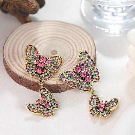 Silver needle antique color diamond butterfly tassel earrings exaggerated niche design personality retro earrings wholesale
