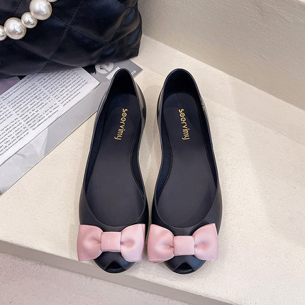 Flat shoes soft bottom women's summer rubber plastic shoes shallow mouth Black breathable non-slip bow fish mouth jelly shoes foreign trade