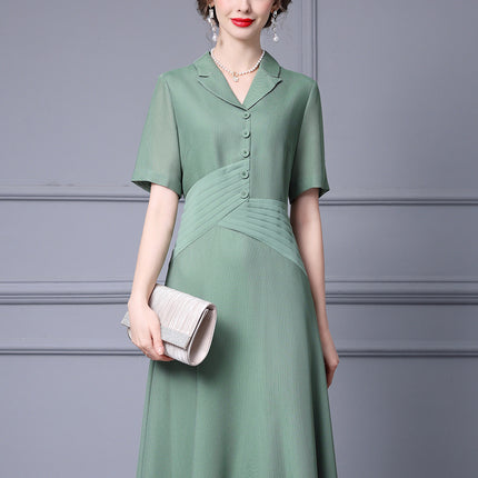 Elegant Green Light Green Dress with a Flared Skirt, Summer Waist-Cinching Slimming Effect, Turn-Down Collar, Rayon Dress, 2026 New Model