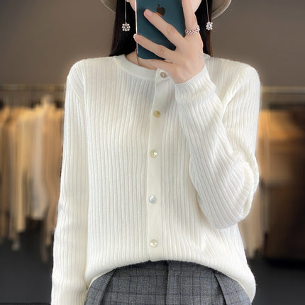 Spring and Autumn New Round Neck Cashmere Cardigan Women's Loose Casual All-match Long Sleeve Sweater Fashionable Elegant Outer Jacket